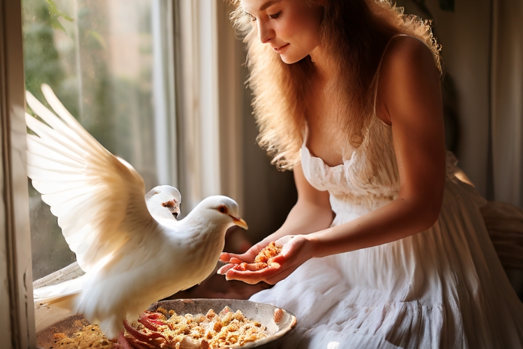 girl feeding doves