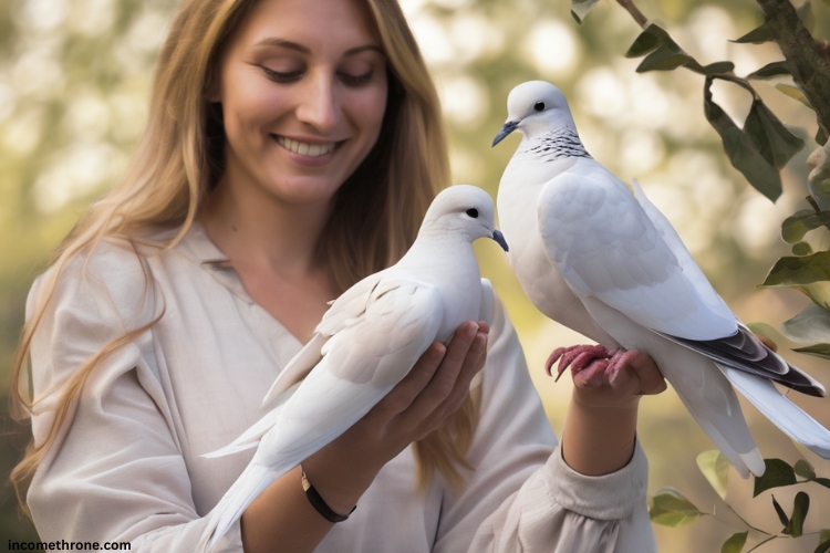 female owner with two white Doves